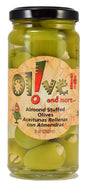 Almond stuffed olives in a jar, showcasing their green color and delicate almond filling, perfect for gourmet snacking or appetizers