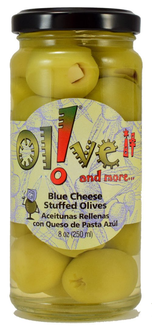 Front of jar showcasing the green olives stuffed with blue cheese. Perfect for charcuterie boards, cocktails, or a savory snack with a bold flavor.