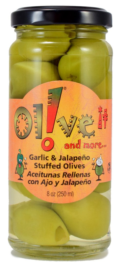 Front of jar featuring Bold garlic and jalapeño stuffed olives – hand-stuffed green olives with a spicy, savory kick. Great for adding heat to cocktails, charcuterie boards, or as a snack.